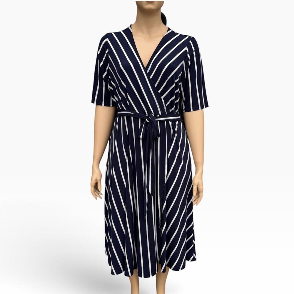 Torrid Size 3 3X Navy White Stripe Faux Wrap Pocket Midi Dress Tie Belt NWOT